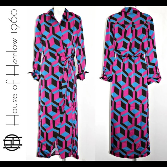 House of Harlow 1960 NWT Size Small Silky Geometric Print Wrap Maxi Dress (0369) - Picture 4 of 16
